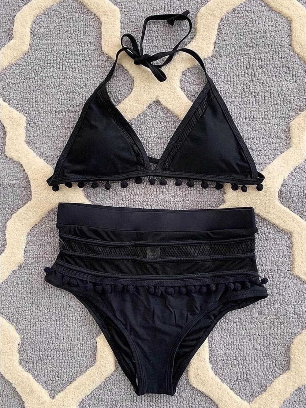Black High-Waist Pom-Pom Trim Bikini Set